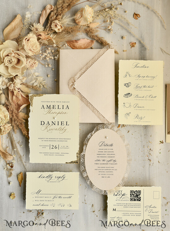 WEDDING INVITATIONS vintage lace/ rustic lace luxury wedding invitations in a warm beige and nude color palette 02/laceSer/z