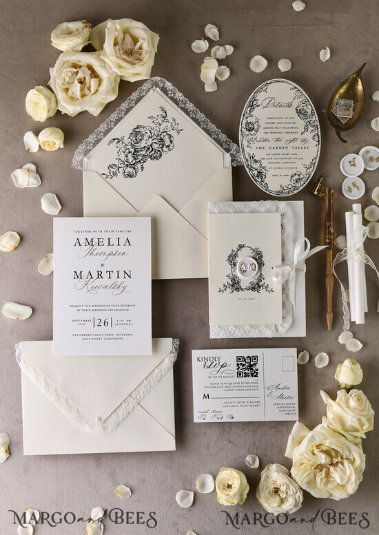 WEDDING INVITATIONS vintage lace/ rustic lace Personalized Golden Wedding invitations Vintage Lace Invites Ivory 01/laceTR/z