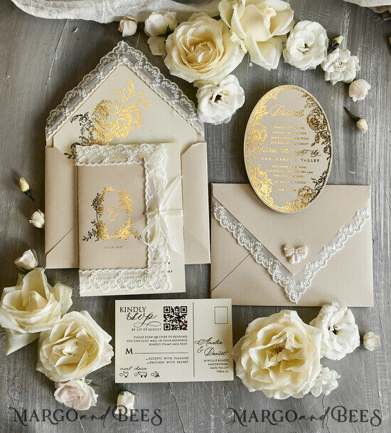 WEDDING INVITATIONS vintage lace/ rustic lace Gold Foil  Wedding invitations Vintage Lace wedding Cards & rsvp qr code 04/laceTRg/z