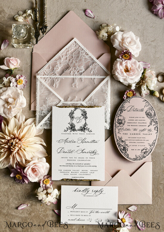 WEDDING INVITATIONS vintage lace/ rustic lace Luxury French Lace Wedding Invitations Elegant blush pink  baroque Wedding Invitation Suite 03/lacenvD/z