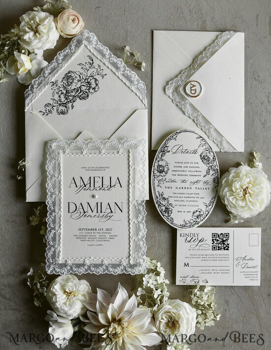 WEDDING INVITATIONS vintage lace/ rustic lace Personalized Golden Wedding invitations Vintage Lace Invites off white 09/laceD/z