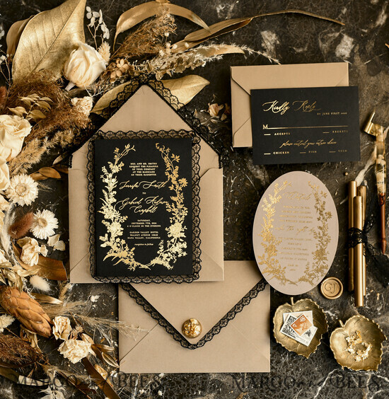 WEDDING INVITATIONS vintage lace/ rustic lace Black lace Personalized Golden Wedding invitations Vintage Lace Invites golden 03/laceSer/z