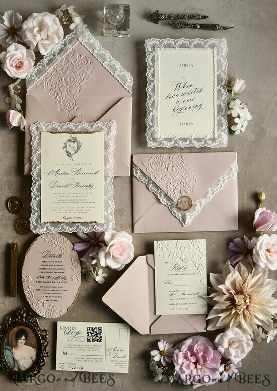 WEDDING INVITATIONS vintage lace/ rustic lace Lace Wedding invitation Embossed Modern Romance 01/laceembos/z
