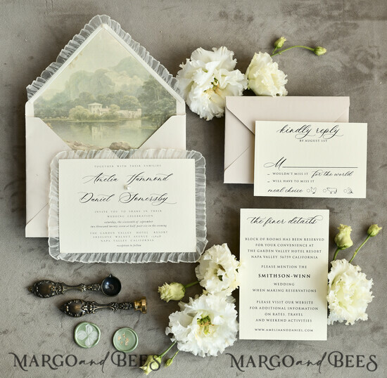WEDDING INVITATIONS vintage lace/ rustic lace Personalized ivory Wedding invitations Vintage Lace Invites Sage green  02/laceFalgold/z
