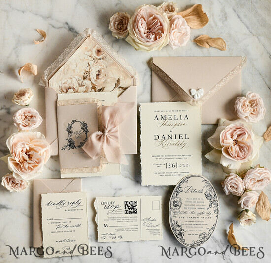 WEDDING INVITATIONS vintage lace/ rustic lace Personalized Golden Wedding invitations Vintage Lace Invites Beige 02/laceTRch/z