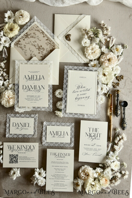 WEDDING INVITATIONS vintage lace/ rustic lace Personalized Golden Wedding invitations Vintage Lace Invites Ivory 03/laceD/z
