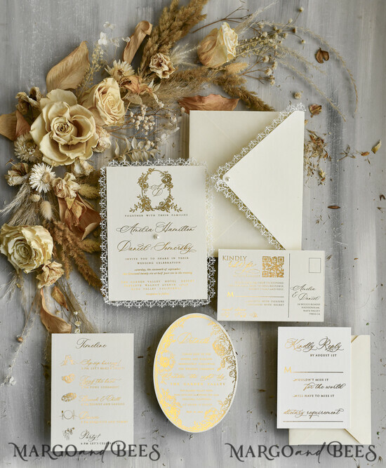 WEDDING INVITATIONS vintage lace/ rustic lace Personalized Golden Wedding invitations Vintage Lace Invites Ivory 03/laceSer/z