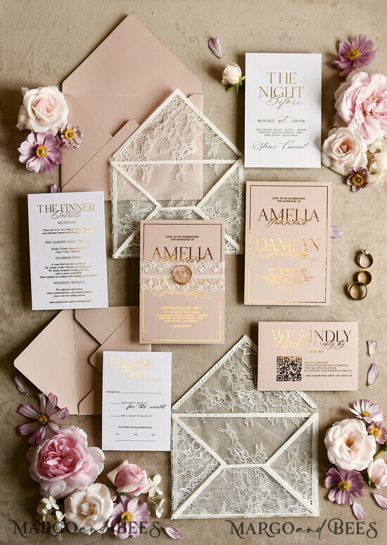 WEDDING INVITATIONS vintage lace/ rustic lace Lace Wedding Invitations with Double Envelope Blush& Gold Wedding Invitation Suite 02/lacenvD/z
