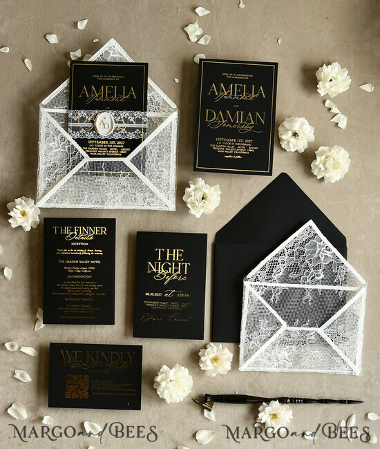 WEDDING INVITATIONS vintage lace/ rustic lace Luxury French Lace Wedding Invitations with Double Envelope Black & Gold Wedding Invitation Suite 01/lacenvD/z