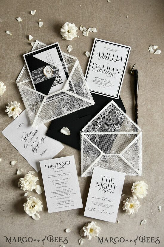 WEDDING INVITATIONS vintage lace/ rustic lace Luxury French Lace Wedding Invitations with Double Envelope | Elegant Black & Ivory Wedding Invitation Suite 02/lacenvD/z
