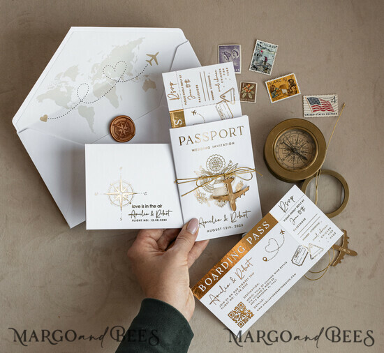 WEDDING INVITATIONS passport to love/ beach wedding invites  Gold White Passport Wedding Invitation, Golden Wedding Cards Boarding Pass, Bespoke Travel Passport Wedding Invitations Abroad, Destination Greece Wedding Invites, Travel Map Wedding Stationary,  World map  03/passFG/z