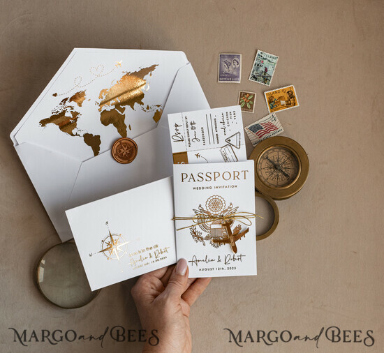 WEDDING INVITATIONS passport to love/ beach wedding invites  Gold White Passport Wedding Invitation, Golden Wedding Cards Boarding Pass, Bespoke Travel Passport Wedding Invitations Abroad, Destination Greece Wedding Invites, Travel Map Wedding Stationary,  World map  03/passFG/z