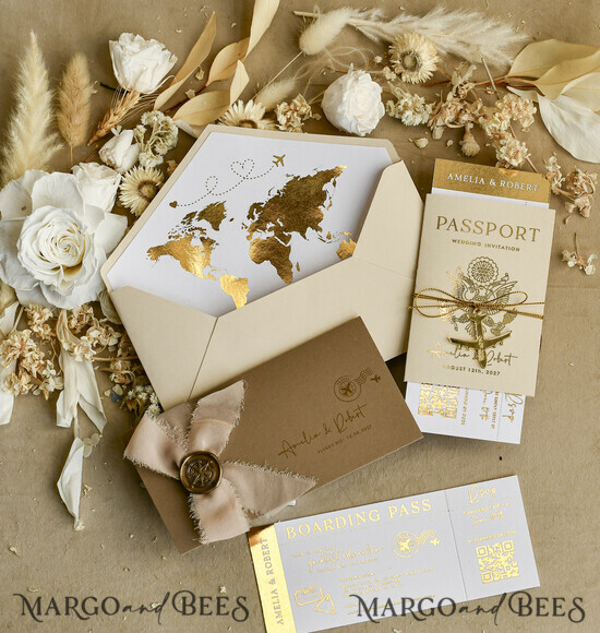 WEDDING INVITATIONS passport to love/ beach wedding invites  Gold White Passport Wedding Invitation, Golden Wedding Cards Boarding Pass, Bespoke Travel Passport Wedding Invitations Abroad, Destination Greece Wedding Invites, Travel Map Wedding Stationary,  World map  05/passFG/z