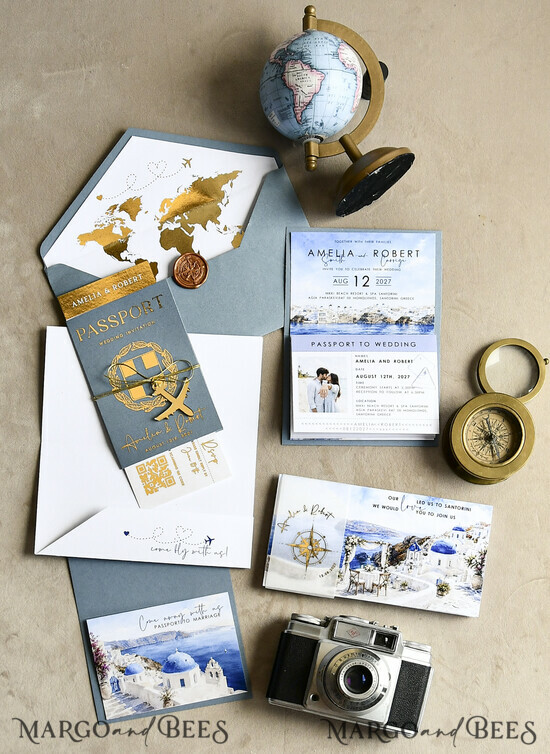WEDDING INVITATIONS passport to love/ beach wedding invites  Destination Wedding Invitations blue Santorini Greece Passport Wedding Invitation Suite 03/passDest/z