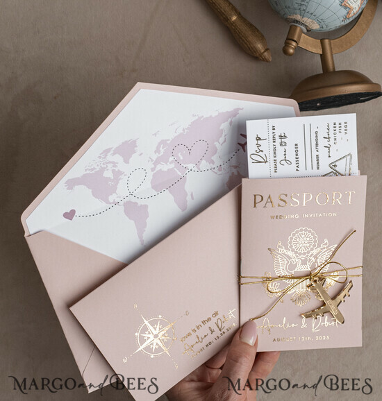 WEDDING INVITATIONS passport to love/ beach wedding invites  Gold Bluh pink Passport Wedding Invitation, Golden Wedding Cards Boarding Pass, Travel Passport Wedding Invitations Abroad, Destination Wedding Invites, Travel Map Wedding Stationary 01/passFGP/z