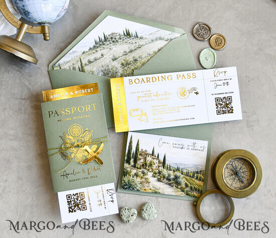 WEDDING INVITATIONS passport to love/ beach wedding invites  Sage Green Passport Wedding Invitation, Wedding Cards  Boarding Pass,  Tuscany Passport Wedding Invitations  Abroad, Destination Wedding Invites, Travel Map Wedding Stationary 01/passDest/z