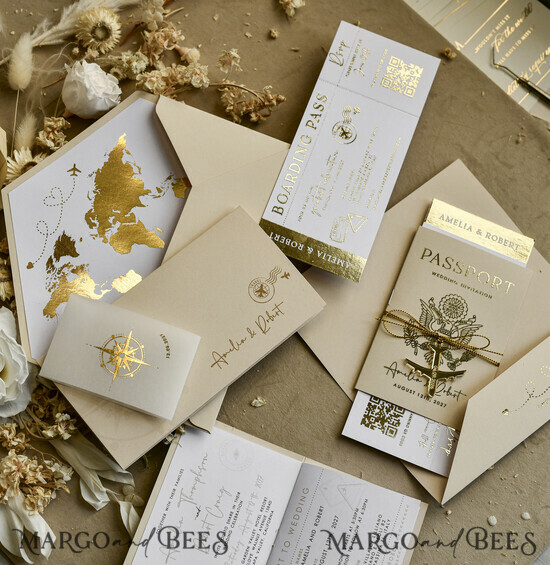 WEDDING INVITATIONS passport to love/ beach wedding invites  Gold beige Passport Wedding Invitation, Golden Wedding Cards Boarding Pass, Bespoke Travel Passport Wedding Invitations Abroad, Destination Greece Wedding Invites, Travel Map Wedding Stationary,  World map  04/passFG/z