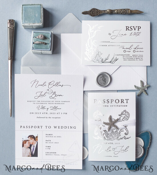 WEDDING INVITATIONS passport to love/ beach wedding invites  The wedding invitations card, destination elopement stationery 10/passgold/z