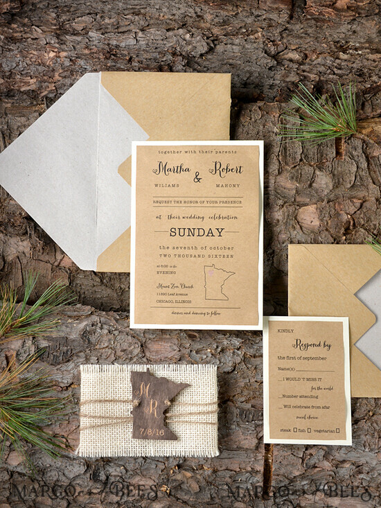 WEDDING INVITATIONS forest / Mountains / woodland theme Wedding invitations handmade, country barn stationery 20/wood/z