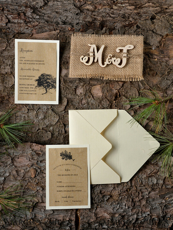 WEDDING INVITATIONS forest / Mountains / woodland theme Stunning wedding invitations, country barn stationery 28/wood/z
