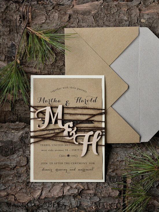 WEDDING INVITATIONS forest / Mountains / woodland theme Romantic Wedding invitations, natural rustic stationery 38/wood/z