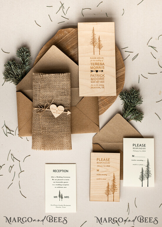 WEDDING INVITATIONS forest / Mountains / woodland theme Forest Wood Wedding Invitation Suite with evelopes, Modern Rustic Wedding Invites, Natural Wooden Invitations Suite Wedding Cards, Natural Wedding Invitations, Pine Forest Frosted wedding Invitation suite, Pine trees Wedding Invite 59/Woodcut/z