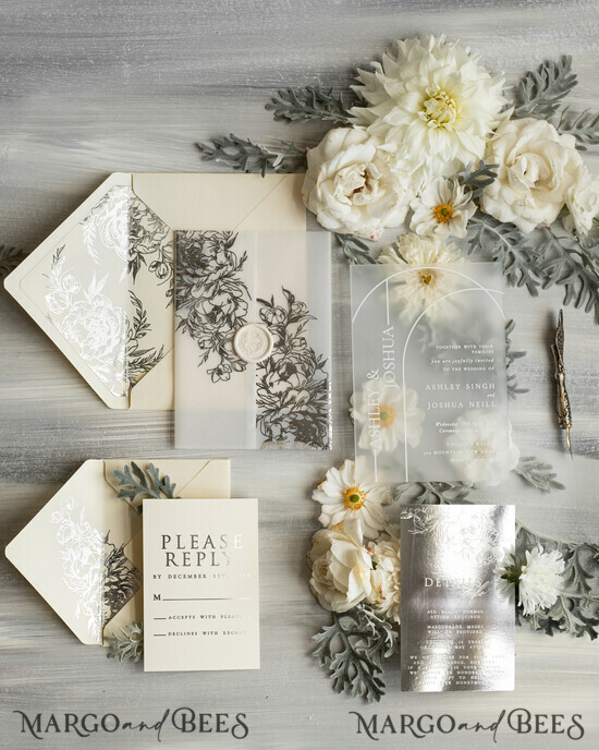 WEDDING INVITATIONS gold / rose gold / silver / glitter Acrylic Wedding invitation suite, Boho Glam Wedding Invitations, silver frozen Wedding Invitates, Elegant vellum Wedding Cards 01/PXGold/z