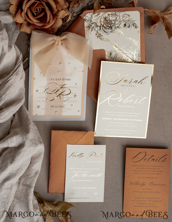 WEDDING INVITATIONS gold / rose gold / silver / glitter terracotta Chiffon bow beaded bespoke Elegant Burnt orange Gold Wedding Invitation Suite, White Perls Golden Wedding Cards, Boho golden folder Wedding Stationery, Vellum etui with monogram 07/PerE/z