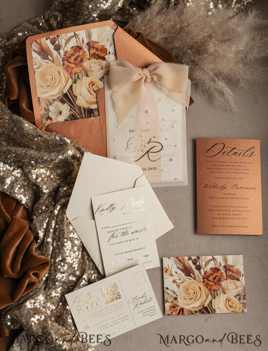 WEDDING INVITATIONS gold / rose gold / silver / glitter terracotta Chiffon bow beaded bespoke Elegant Burnt orange Gold Wedding Invitation Suite, White Perls Golden Wedding Cards, Boho golden folder Wedding Stationery, Vellum etui with monogram 06/PerE/z