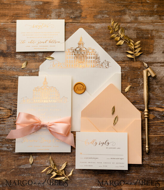 WEDDING INVITATIONS gold / rose gold / silver / glitter  Luxury Gold Foil Wedding Invitations, Elegant Customized Venue Sketch Wedding Invites, Glamour Golden Shine Wedding Cards, Minimalistic Blush Pink Wedding Invitation Suite 1/venue/z