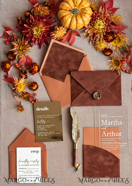 WEDDING INVITATIONS gold / rose gold / silver / glitter Bespoke Terracotta  wedding invitations,  Boho Pocket Acrylic  Wedding Invitations, Rust & Gold Velvet Wedding Invitation Suite, Burnt Orange Wedding Cards 03/velakrylgold/z