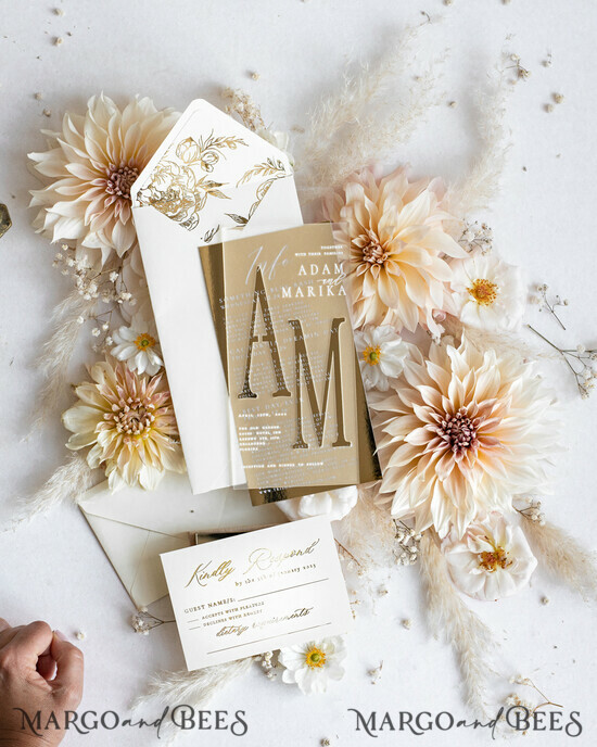 WEDDING INVITATIONS gold / rose gold / silver / glitter Acrylic Frozen Wedding invitation suite, Boho Glam Wedding Invitations, Golden Shine Wedding Invitates, Elegant Gold Wedding Cards 01/PXGoldFrozen/z