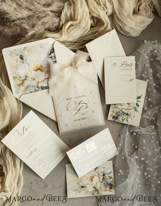 WEDDING INVITATIONS gold / rose gold / silver / glitter Ecru Chiffon bow beaded bespoke Elegant Ivory Gold Wedding Invitation Suite, White Perls Golden Wedding Cards, Elegant golden folder Wedding Stationery, Vellum etui with monogram 03/PerE/z