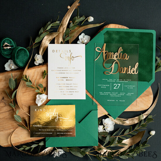 WEDDING INVITATIONS gold / rose gold / silver / glitter Gold Green Acrylic Wedding invitations, Glamour Velvet Wedding Invitation Suite • Golden Greenery Wedding Stationery • Luxury Emerald Green Wedding Invites 03/velakrylgold/z