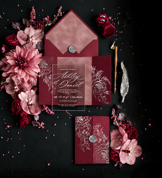 WEDDING INVITATIONS gold / rose gold / silver / glitter Luxury Red Velvet Wedding Invitations, Elegant Plexi Acrylic Wedding Cards, Glamour Burgundy Arabic Wedding Invites, Indian Golden Shine Wedding Invitation Suite 08silver/velakryllak/z