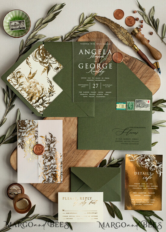 WEDDING INVITATIONS gold / rose gold / silver / glitter Greece Olive Branch Wedding Invitation, Acrylic olive green wedding invitation cards, Gold Wedding Invites 04/akrylKALlak/z