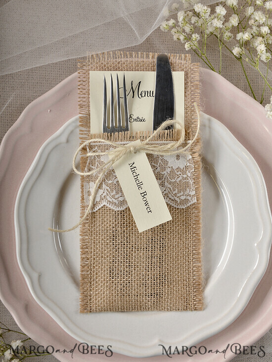 MENU & PROGRAMS rustic Burlap Silverware Holder With Burlap Twine, Rustic Lace table decor, Wedding Table Set, Table Setting, Burlap table decoration, Elegant Wedding Rustic Menu      02/rus2/m