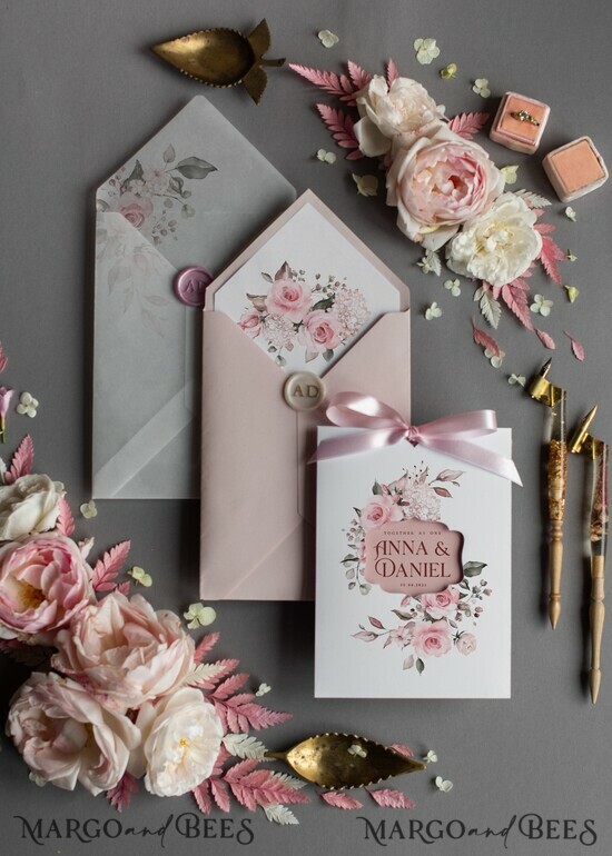 WEDDING INVITATIONS Modern Invites Floral Cards  Elegant Blush Pink Wedding Invitations, Glamour Arabic Pocket Wedding Invites, Modern Floral Wedding Cards, Minimalistic Wedding Invitation Suite 01/kieszW/z
