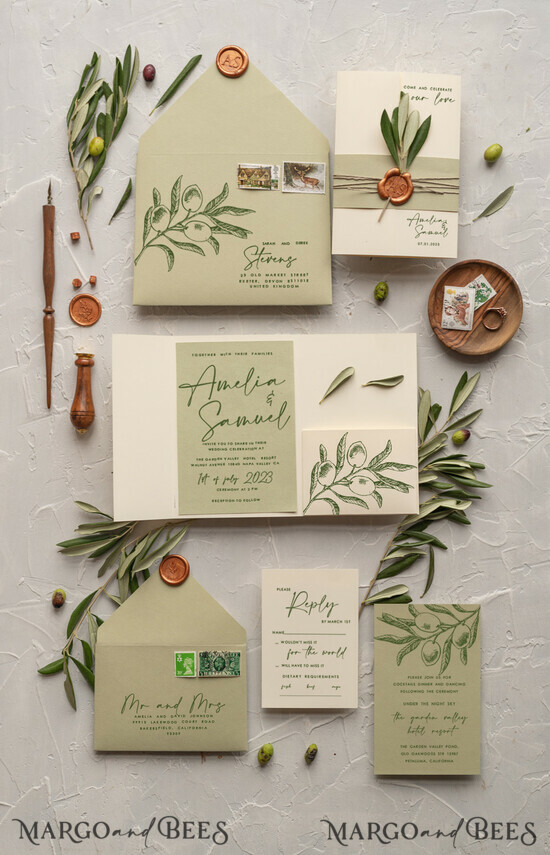 WEDDING INVITATIONS Modern Invites Floral Cards Natural Olives Wedding invitations, Elegant Simple wedding invitation Suite, Greek Wedding Stationery, Natural Olives Luxury wedding Invites  wax copper 03/OL/z
