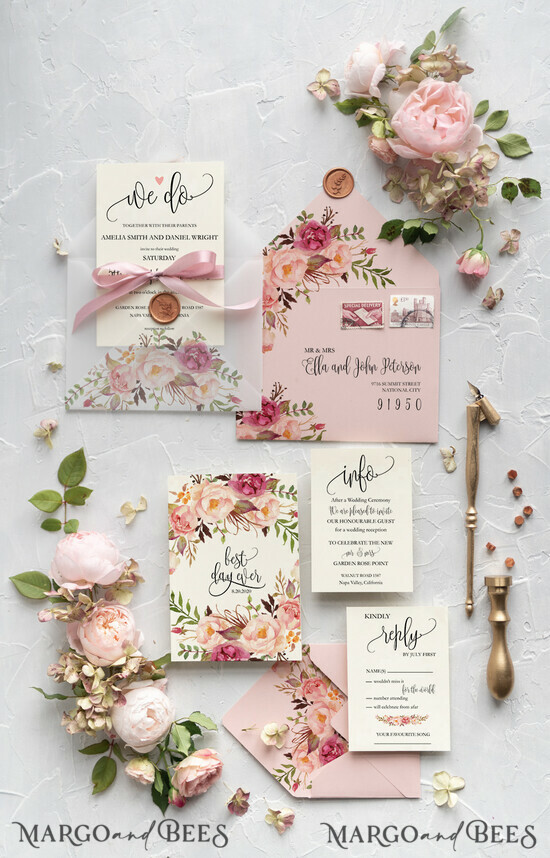 WEDDING INVITATIONS Modern Invites Floral Cards Blush pink wedding invitations, floral wedding invitations, floral wedding stationery, floral wedding accessories, blush pink envelope, pink ribbon, pink bow, calligraphy, we do wedding cards, ecru wedding invitations, peony wedding invitations, ecru wedding stationery, peonies, spring flowers, spring wedding invitations, leaves, modern wedding invitations, spring wedding, romantic wedding invitations, watercolor wedding invitations, watercolor 20/GREENPI/z