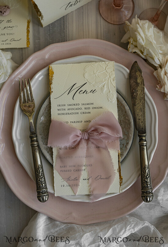 MENU & PROGRAMS romantic Embossed Floral Wedding Menu, Luxury Ecru Dinner Menu, Chiffon Ribbon Wedding Menu, Elegant Reception Menu Cards 01/emB/mws