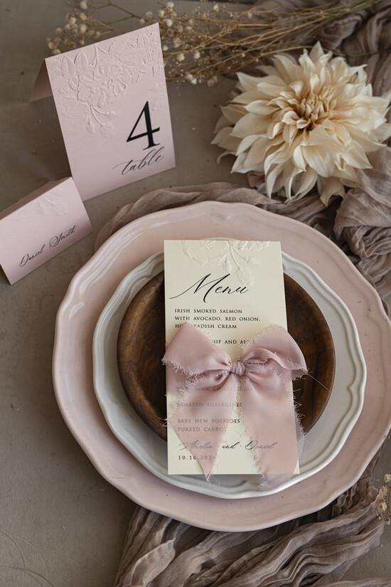 MENU & PROGRAMS romantic Embossed Floral Wedding Menu, Luxury Ecru Dinner Menu, Chiffon Ribbon Wedding Menu, Elegant Reception Menu Cards 01/emB/m