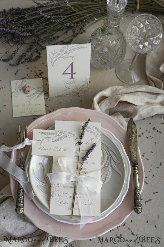 MENU & PROGRAMS romantic Lavender Floral Wedding Menu, Luxury Ecru Dinner Menu, Chiffon Ribbon Wedding Menu, Elegant Reception Menu Cards 02/lvP/m