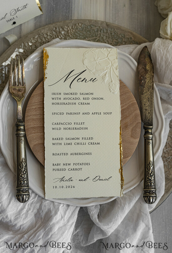 MENU & PROGRAMS romantic Embossed Floral Wedding Menu, Luxury Ecru Dinner Menu, Chiffon Ribbon Wedding Menu, Elegant Reception Menu Cards 01/emB/md