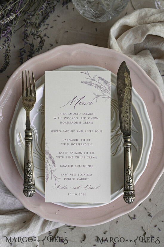 MENU & PROGRAMS romantic Lavender Floral Wedding Menu, Luxury Ecru Dinner Menu, Chiffon Ribbon Wedding Menu, Elegant Reception Menu Cards 01/lvP/m