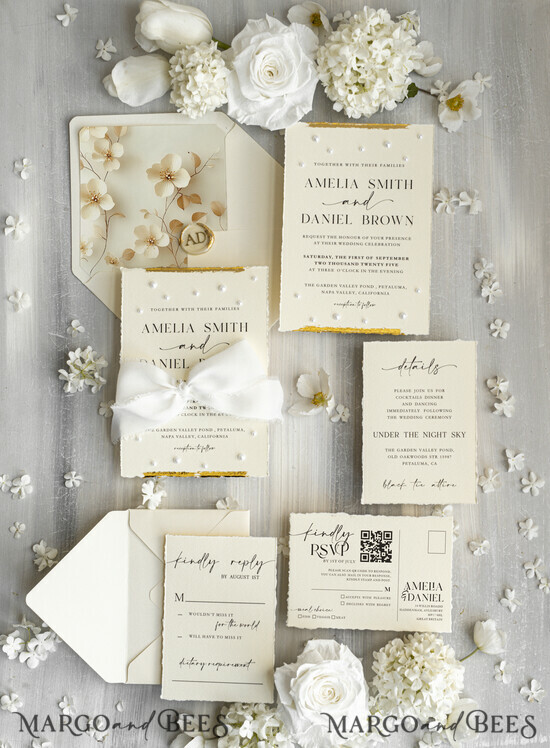 WEDDING INVITATIONS modern calligraphy / fine art Luxury Fine Art Wedding Invitations with Gold Leaf, Deckled Edges, RSVP  qr code Silk Ribbon Bespoke Elegant Wedding Suite 01/DEsuP/z