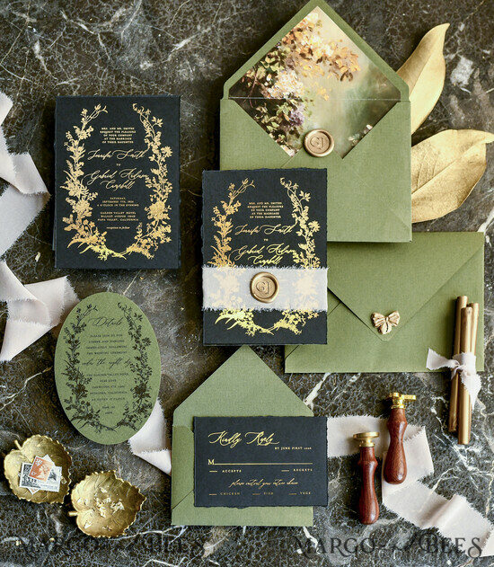 WEDDING INVITATIONS modern calligraphy / fine art Sage green  Fine Art Wedding Invitations with Gold Leaf, Deckled Edges, RSVP  qr code Silk Ribbon Bespoke Elegant Wedding Suite 01/DEsuH/z