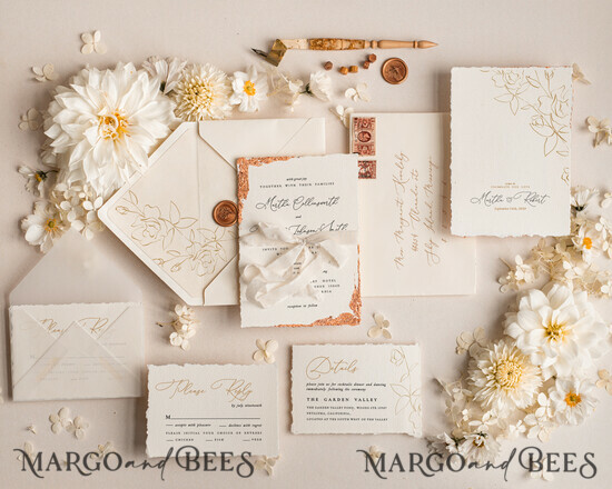 WEDDING INVITATIONS modern calligraphy / fine art Fine Art Ivory Gold Wedding Invitation, Floral Wedding Invitation, Vintage Invitation suite, Custom Wedding Venue invitation, Deckled Edge Beige Invites 08/DEsu/z