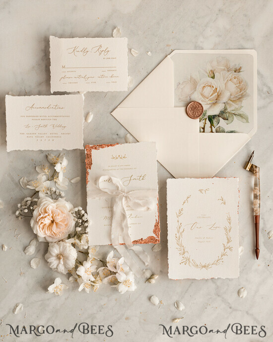 WEDDING INVITATIONS modern calligraphy / fine art Fine Art Ivory Gold Wedding Invitation, Floral Wedding Invitation, Vintage Invitation suite, Custom Wedding Venue invitation, Deckled Edge Beige Invites 09/DEsu/z