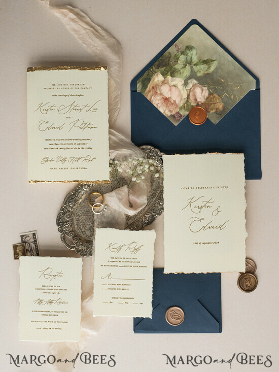 WEDDING INVITATIONS modern calligraphy / fine art Ivory Gold Wedding Invitation, Floral Wedding Invitation, Tuscany Italian Invitation suite, Wreath Monogram wedding invitation suite, Deckled Edge Invites, Torn Edge Wedding Invitations golden, Fine Art Wedding Invitation Suite, Deckled Edge Paper 17/DEsu/z